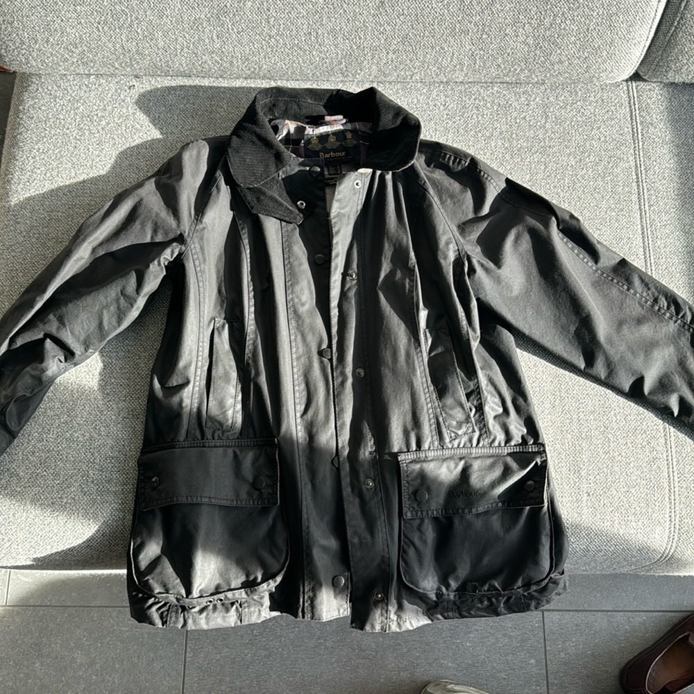 Barbour Beadnell Waxed Jacket, black with classic tartan lining US size 8